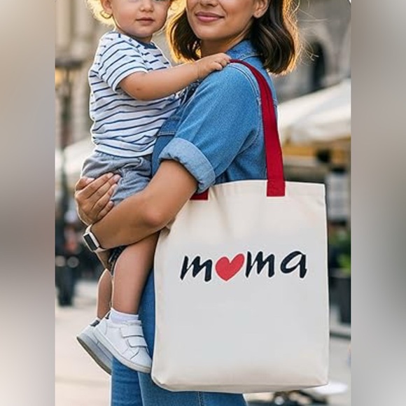 Canvas Tote Bag Off-White with Red Heart for Moms Mothers Day Baby Shower Gift - Picture 3 of 6